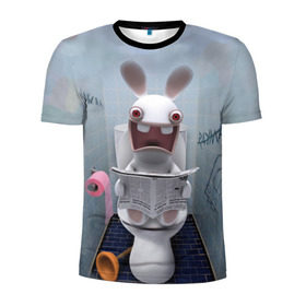 Мужская футболка 3D спортивная с принтом Кролик с газетой в Санкт-Петербурге, 100% полиэстер с улучшенными характеристиками | приталенный силуэт, круглая горловина, широкие плечи, сужается к линии бедра | Тематика изображения на принте: rabbids | вантуз | горшок | зайцы засранцы | заяц | туалет