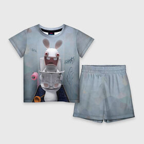 Детский костюм с шортами 3D с принтом Кролик с газетой в Санкт-Петербурге,  |  | Тематика изображения на принте: rabbids | вантуз | горшок | зайцы засранцы | заяц | туалет