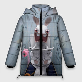 Женская зимняя куртка 3D с принтом Кролик с газетой в Санкт-Петербурге, верх — 100% полиэстер; подкладка — 100% полиэстер; утеплитель — 100% полиэстер | длина ниже бедра, силуэт Оверсайз. Есть воротник-стойка, отстегивающийся капюшон и ветрозащитная планка. 

Боковые карманы с листочкой на кнопках и внутренний карман на молнии | rabbids | вантуз | горшок | зайцы засранцы | заяц | туалет