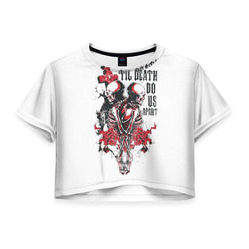 Женская футболка 3D укороченная с принтом Охрана дьявола в Санкт-Петербурге, 100% полиэстер | круглая горловина, длина футболки до линии талии, рукава с отворотами | Тематика изображения на принте: ад | дьявол | мотоцикл | огонь | пламя | череп | черный