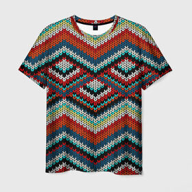 Мужская футболка 3D с принтом Узоры вышивки в Санкт-Петербурге, 100% полиэфир | прямой крой, круглый вырез горловины, длина до линии бедер | вязаный | зигзаг | ромбы | свитер