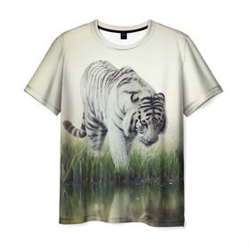 Мужская футболка 3D с принтом Белый тигр в Санкт-Петербурге, 100% полиэфир | прямой крой, круглый вырез горловины, длина до линии бедер | дикая кошка | природа | тигр | хищник