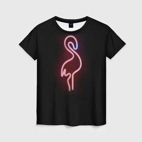 Женская футболка 3D с принтом Светящийся фламинго в Санкт-Петербурге, 100% полиэфир ( синтетическое хлопкоподобное полотно) | прямой крой, круглый вырез горловины, длина до линии бедер | неон | птицы | фламинго