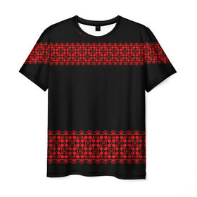 Мужская футболка 3D с принтом Славянский орнамент (на чёрном) в Санкт-Петербурге, 100% полиэфир | прямой крой, круглый вырез горловины, длина до линии бедер | Тематика изображения на принте: орнамент | россия | славяне | узор