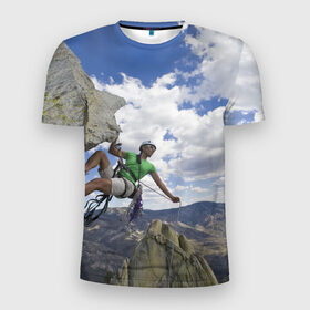 Мужская футболка 3D спортивная с принтом На пике славы в Санкт-Петербурге, 100% полиэстер с улучшенными характеристиками | приталенный силуэт, круглая горловина, широкие плечи, сужается к линии бедра | альпинист | горы | дерево | новинки | природа