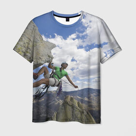 Мужская футболка 3D с принтом На пике славы в Санкт-Петербурге, 100% полиэфир | прямой крой, круглый вырез горловины, длина до линии бедер | Тематика изображения на принте: альпинист | горы | дерево | новинки | природа