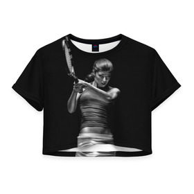 Женская футболка 3D укороченная с принтом Всемирный теннис в Санкт-Петербурге, 100% полиэстер | круглая горловина, длина футболки до линии талии, рукава с отворотами | мяч | новинки | ракетка | спорт | теннис | удар