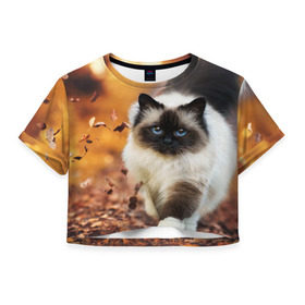 Женская футболка 3D укороченная с принтом Котик в листьях в Санкт-Петербурге, 100% полиэстер | круглая горловина, длина футболки до линии талии, рукава с отворотами | грация | кот | котик | кошка | листья | осень