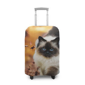 Чехол для чемодана 3D с принтом Котик в листьях в Санкт-Петербурге, 86% полиэфир, 14% спандекс | двустороннее нанесение принта, прорези для ручек и колес | грация | кот | котик | кошка | листья | осень