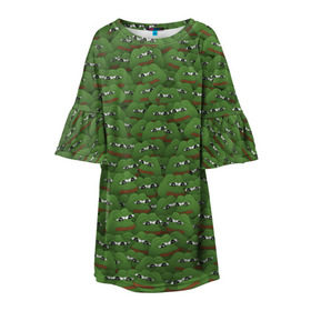 Детское платье 3D с принтом Грустные лягушки в Санкт-Петербурге, 100% полиэстер | прямой силуэт, чуть расширенный к низу. Круглая горловина, на рукавах — воланы | frog | mem | sad | мем