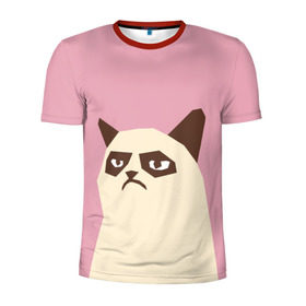 Мужская футболка 3D спортивная с принтом Grumpy cat pink в Санкт-Петербурге, 100% полиэстер с улучшенными характеристиками | приталенный силуэт, круглая горловина, широкие плечи, сужается к линии бедра | Тематика изображения на принте: кот | мем | угрюмый