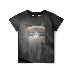 Детская футболка 3D с принтом Grumpy Cat в Санкт-Петербурге, 100% гипоаллергенный полиэфир | прямой крой, круглый вырез горловины, длина до линии бедер, чуть спущенное плечо, ткань немного тянется | кот | мем | угрюмый
