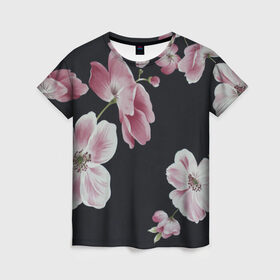 Женская футболка 3D с принтом Цветы на черном фоне в Санкт-Петербурге, 100% полиэфир ( синтетическое хлопкоподобное полотно) | прямой крой, круглый вырез горловины, длина до линии бедер | растения | стиль | цветы