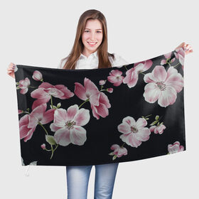 Флаг 3D с принтом Цветы на черном фоне в Санкт-Петербурге, 100% полиэстер | плотность ткани — 95 г/м2, размер — 67 х 109 см. Принт наносится с одной стороны | растения | стиль | цветы