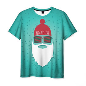 Мужская футболка 3D с принтом Санта хипстер в Санкт-Петербурге, 100% полиэфир | прямой крой, круглый вырез горловины, длина до линии бедер | Тематика изображения на принте: борода | дед мороз | новый год | подарок на новый год | санта | санта хипстер | снег | снежинки | хипстер