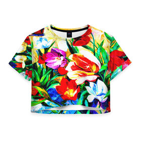 Женская футболка 3D укороченная с принтом Тюльпаны в Санкт-Петербурге, 100% полиэстер | круглая горловина, длина футболки до линии талии, рукава с отворотами | Тематика изображения на принте: букет | цветы | яркие