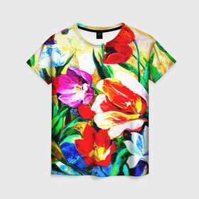 Женская футболка 3D с принтом Тюльпаны в Санкт-Петербурге, 100% полиэфир ( синтетическое хлопкоподобное полотно) | прямой крой, круглый вырез горловины, длина до линии бедер | букет | цветы | яркие