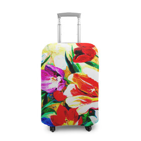 Чехол для чемодана 3D с принтом Тюльпаны в Санкт-Петербурге, 86% полиэфир, 14% спандекс | двустороннее нанесение принта, прорези для ручек и колес | букет | цветы | яркие