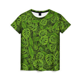 Женская футболка 3D с принтом Тропические листья в Санкт-Петербурге, 100% полиэфир ( синтетическое хлопкоподобное полотно) | прямой крой, круглый вырез горловины, длина до линии бедер | джунгли | монстера | пальма | растения | тропики