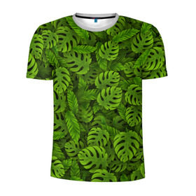Мужская футболка 3D спортивная с принтом Тропические листья в Санкт-Петербурге, 100% полиэстер с улучшенными характеристиками | приталенный силуэт, круглая горловина, широкие плечи, сужается к линии бедра | Тематика изображения на принте: джунгли | монстера | пальма | растения | тропики