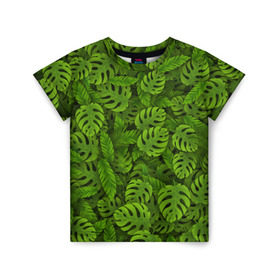 Детская футболка 3D с принтом Тропические листья в Санкт-Петербурге, 100% гипоаллергенный полиэфир | прямой крой, круглый вырез горловины, длина до линии бедер, чуть спущенное плечо, ткань немного тянется | джунгли | монстера | пальма | растения | тропики
