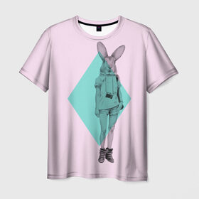 Мужская футболка 3D с принтом Pink Rabbit в Санкт-Петербурге, 100% полиэфир | прямой крой, круглый вырез горловины, длина до линии бедер | hipster | rabbit | swag | кролик | хипстер