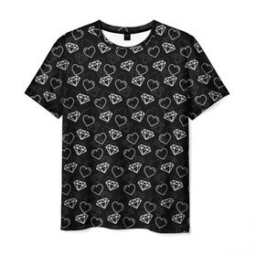 Мужская футболка 3D с принтом Сердца и Алмазы в Санкт-Петербурге, 100% полиэфир | прямой крой, круглый вырез горловины, длина до линии бедер | бриллианты | паттерн | сердечки | черный фон