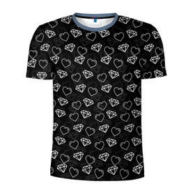 Мужская футболка 3D спортивная с принтом Сердца и Алмазы в Санкт-Петербурге, 100% полиэстер с улучшенными характеристиками | приталенный силуэт, круглая горловина, широкие плечи, сужается к линии бедра | Тематика изображения на принте: бриллианты | паттерн | сердечки | черный фон