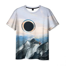 Мужская футболка 3D с принтом Черная дыра в Санкт-Петербурге, 100% полиэфир | прямой крой, круглый вырез горловины, длина до линии бедер | Тематика изображения на принте: горы | закат | пейзаж | природа