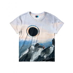 Детская футболка 3D с принтом Черная дыра в Санкт-Петербурге, 100% гипоаллергенный полиэфир | прямой крой, круглый вырез горловины, длина до линии бедер, чуть спущенное плечо, ткань немного тянется | Тематика изображения на принте: горы | закат | пейзаж | природа