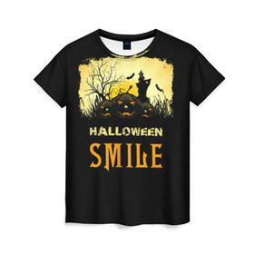 Женская футболка 3D с принтом Smile в Санкт-Петербурге, 100% полиэфир ( синтетическое хлопкоподобное полотно) | прямой крой, круглый вырез горловины, длина до линии бедер | halloween | замок | летучая мышь | луна | праздник | привидение | тыква | хэллоуин