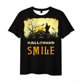 Мужская футболка 3D с принтом Smile в Санкт-Петербурге, 100% полиэфир | прямой крой, круглый вырез горловины, длина до линии бедер | Тематика изображения на принте: halloween | замок | летучая мышь | луна | праздник | привидение | тыква | хэллоуин