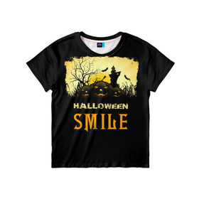 Детская футболка 3D с принтом Smile в Санкт-Петербурге, 100% гипоаллергенный полиэфир | прямой крой, круглый вырез горловины, длина до линии бедер, чуть спущенное плечо, ткань немного тянется | Тематика изображения на принте: halloween | замок | летучая мышь | луна | праздник | привидение | тыква | хэллоуин