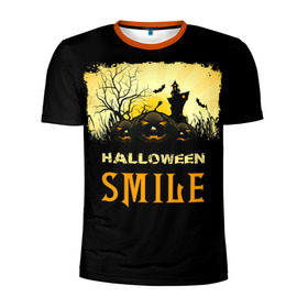 Мужская футболка 3D спортивная с принтом Smile в Санкт-Петербурге, 100% полиэстер с улучшенными характеристиками | приталенный силуэт, круглая горловина, широкие плечи, сужается к линии бедра | halloween | замок | летучая мышь | луна | праздник | привидение | тыква | хэллоуин