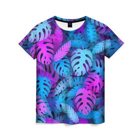 Женская футболка 3D с принтом Сине-розовые тропики в Санкт-Петербурге, 100% полиэфир ( синтетическое хлопкоподобное полотно) | прямой крой, круглый вырез горловины, длина до линии бедер | джунгли | листья | монстера | пальма | психоделический | текстура | тропики