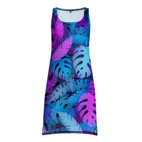 Платье-майка 3D с принтом Сине-розовые тропики в Санкт-Петербурге, 100% полиэстер | полуприлегающий силуэт, широкие бретели, круглый вырез горловины, удлиненный подол сзади. | джунгли | листья | монстера | пальма | психоделический | текстура | тропики
