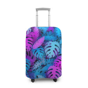 Чехол для чемодана 3D с принтом Сине-розовые тропики в Санкт-Петербурге, 86% полиэфир, 14% спандекс | двустороннее нанесение принта, прорези для ручек и колес | джунгли | листья | монстера | пальма | психоделический | текстура | тропики