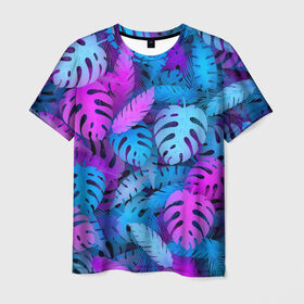 Мужская футболка 3D с принтом Сине-розовые тропики в Санкт-Петербурге, 100% полиэфир | прямой крой, круглый вырез горловины, длина до линии бедер | Тематика изображения на принте: джунгли | листья | монстера | пальма | психоделический | текстура | тропики