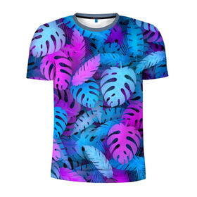 Мужская футболка 3D спортивная с принтом Сине-розовые тропики в Санкт-Петербурге, 100% полиэстер с улучшенными характеристиками | приталенный силуэт, круглая горловина, широкие плечи, сужается к линии бедра | Тематика изображения на принте: джунгли | листья | монстера | пальма | психоделический | текстура | тропики
