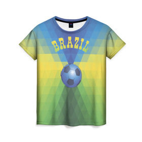 Женская футболка 3D с принтом Бразилия в Санкт-Петербурге, 100% полиэфир ( синтетическое хлопкоподобное полотно) | прямой крой, круглый вырез горловины, длина до линии бедер | бразилия | геометрия | игра | кубок | мяч | полигональный | спорт | футбол
