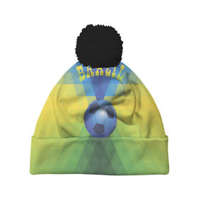 Шапка 3D c помпоном с принтом Бразилия в Санкт-Петербурге, 100% полиэстер | универсальный размер, печать по всей поверхности изделия | бразилия | геометрия | игра | кубок | мяч | полигональный | спорт | футбол