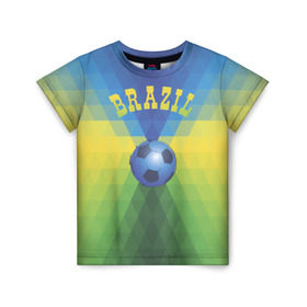 Детская футболка 3D с принтом Бразилия в Санкт-Петербурге, 100% гипоаллергенный полиэфир | прямой крой, круглый вырез горловины, длина до линии бедер, чуть спущенное плечо, ткань немного тянется | бразилия | геометрия | игра | кубок | мяч | полигональный | спорт | футбол