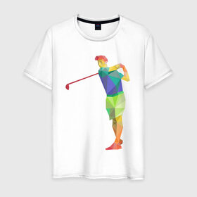 Мужская футболка хлопок с принтом Гольфист в Санкт-Петербурге, 100% хлопок | прямой крой, круглый вырез горловины, длина до линии бедер, слегка спущенное плечо. | Тематика изображения на принте: геометрия | гольф | клюшка | мяч | полигонал