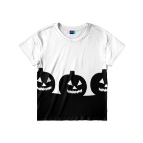 Детская футболка 3D с принтом Хэллоуин в Санкт-Петербурге, 100% гипоаллергенный полиэфир | прямой крой, круглый вырез горловины, длина до линии бедер, чуть спущенное плечо, ткань немного тянется | монохромный | силуэт | тыквы