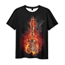 Мужская футболка 3D с принтом Адская гитара в Санкт-Петербурге, 100% полиэфир | прямой крой, круглый вырез горловины, длина до линии бедер | ад | арт | дым | музыка | новинки | огонь | пламя | популярные | энергия | яркие
