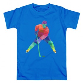 Мужская футболка хлопок с принтом Хоккеист в Санкт-Петербурге, 100% хлопок | прямой крой, круглый вырез горловины, длина до линии бедер, слегка спущенное плечо. | геометрия | клюшка | полигонал | хл | хоккеист | шайба