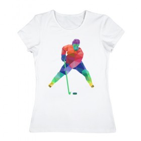 Женская футболка хлопок с принтом Хоккеист в Санкт-Петербурге, 100% хлопок | прямой крой, круглый вырез горловины, длина до линии бедер, слегка спущенное плечо | геометрия | клюшка | полигонал | хл | хоккеист | шайба