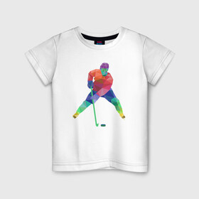 Детская футболка хлопок с принтом Хоккеист в Санкт-Петербурге, 100% хлопок | круглый вырез горловины, полуприлегающий силуэт, длина до линии бедер | Тематика изображения на принте: геометрия | клюшка | полигонал | хл | хоккеист | шайба