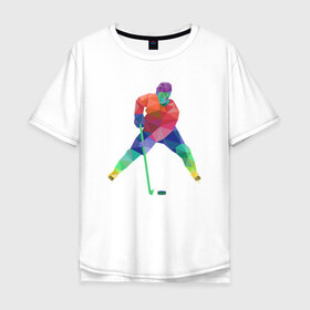 Мужская футболка хлопок Oversize с принтом Хоккеист в Санкт-Петербурге, 100% хлопок | свободный крой, круглый ворот, “спинка” длиннее передней части | геометрия | клюшка | полигонал | хл | хоккеист | шайба