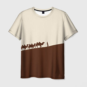 Мужская футболка 3D с принтом Пустыня в Санкт-Петербурге, 100% полиэфир | прямой крой, круглый вырез горловины, длина до линии бедер | верблюды | коричневый